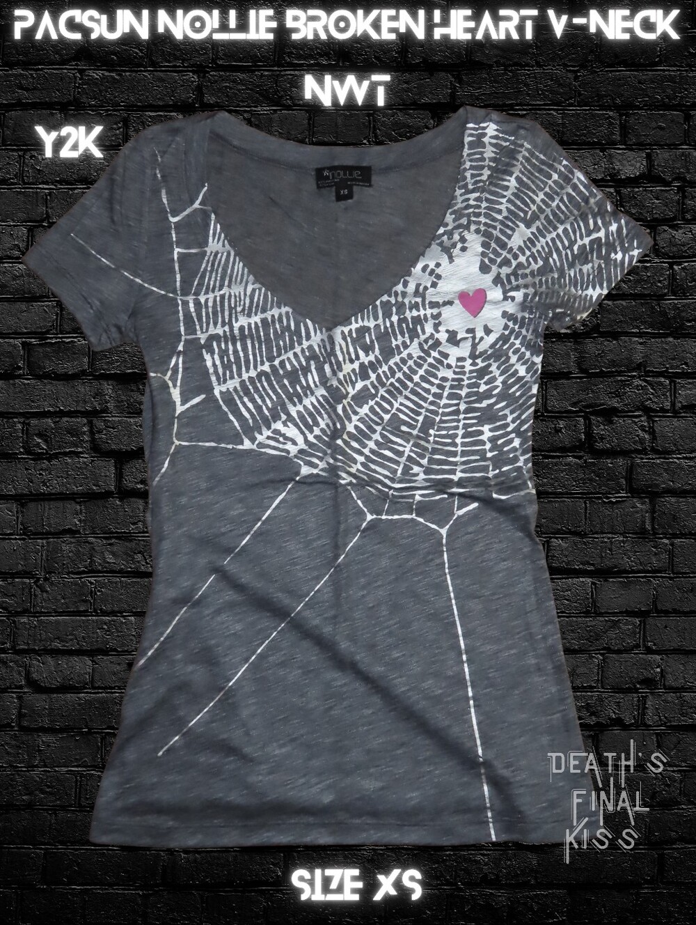 Y2K Pacsun Nollie V-Neck Metallic Shattered Broken Heart Scene Emo T Shirt XS